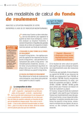 8   Juin 2011 • N˚ 256     Gestion

Les modalités de calcul du fonds
de roulement
anaLySez La SItuatIon FInancIère de votre
entreprISe À L’aIde de cet IndIcateur IncontournabLe.



                           C ommebilan l’avonsentreprise, c'est-à-
                                      nous         vu dans notre dos-
                               sier du mois dernier, pour apprécier la
                           qualité du      d'une
                           dire analyser sa situation financière, il
                           convient d'examiner si l'équilibre des grandes
                           masses de ce bilan est respecté et notam-
    Besoin en fonds de     ment de calculer son fonds de roulement.
    roulement (BFR)
    Le BFR correspond
    à la différence en-
                           L'ÉQUILIBRE À LONG TERME OU LE FONDS
    tre le montant des     DE ROULEMENT                                        Capital + Réserves
    stocks et des          Le passif à long terme – les capitaux pro-       + Emprunts à long terme
    créances à court
    terme et celui
                           pres (le capital et les réserves) et les em-     - Immobilisations nettes
    des dettes à court     prunts à long terme – doit permettre le fi-        = Fonds de roulement
    terme. Il permet       nancement des actifs à long terme – les
    d’analyser l’équili-   immobilisations (matériels, terrains...) –.
                                                                    Si le résultat de votre calcul est positif,
    bre financier à
    court terme de         un bilan structurellement équilibré im-  cela signifie que votre entreprise finance
    l’entreprise.          plique donc que les actifs à long terme  ses investissements avec des ressources
                           soient inférieurs au passif à long terme.durables.
                                                                    c’est le cas, par exemple, d’une entreprise
                         LE CALCUL DU FONDS DE ROULEMENT            au capital de 50 K€ et aux réserves de
                         pour déterminer le fonds de roulement de 20 K€, qui a emprunté à 7 ans 150 K€, et
                         votre entreprise, vous devez plus précisé- qui détient 190 K€ d’actifs immobilisés
                         ment opérer le calcul ci-après :           nets (d’amortissements). en effet, son
                                                                    fonds de roulement est égal à : 50 K€ +
                                                                    20 K€ + 150 K€ - 190 K€ = 30 K€, qu’elle




    !
               La composition du bilan                              peut utiliser pour financer son besoin en
              Le bilan de votre entreprise est composé d'un         fonds de roulement ou placer.
             actif – à gauche – regroupant ce qu’elle pos-          À l’inverse, lorsque le fonds de roulement
            sède, et d'un passif – à droite – représentant          est négatif, cela signifie que l’entreprise
           tout ce qu'elle doit notamment à son banquier et         finance ses investissements avec des pas-
     à ses propriétaires. La présentation de ces deux par-          sifs à court terme, ce qui risque de la dés-
     ties est faite de manière ordonnée en fonction du de-          équilibrer. La solution consiste alors à ren-
     gré de liquidité de chaque poste. Plus celui-ci est li-        forcer les passifs à long terme, notam-
     quide – c'est-à-dire aisément transformable en tréso-          ment le montant de son capital, de ses ré-
     rerie –, plus il se situe en bas de bilan. Ainsi les stocks    serves ou des comptes courants des
     sont-ils placés plus bas que les matériels.                    associés.
 