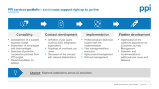 © PPI AG
l l
PPI services portfolio – continuous support right up to go-live
Electronic identification - digital identities 3
Consulting Concept development Implementation Further development
• Development of a suitable
business model
• Elaboration of advantages
and disadvantages
• Selection of potential
cooperation partners from
PPI longlist
• Recommendation for
actions
• Definition of use cases
(such as SSO, eSignature,
legitimation)
• Roadmap of prioritised use
cases
• Discussion of the concept
with relevant stakeholders
• Professional and technical
support with the
implementation
• Test management/test
execution
• Agile project management
• Roll-out management
• Optimisation of the
customer experience via
Customer Journey
Management
• Selection and
implementation of
additional use cases and
features
Chance: financial institutions act as ID providers.
 