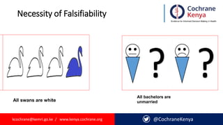 kcochrane@kemri.go.ke / www.kenya.cochrane.org @CochraneKenya
Necessity of Falsifiability
All swans are white
All bachelors are
unmarried
 