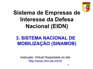 1
Sistema de Empresas de
Interesse da Defesa
Nacional (EIDN)
Instrução Virtual Hospedada no site
http://www.2rm.eb.mil.br
3. SISTEMA NACIONAL DE
MOBILIZAÇÃO (SINAMOB)
 
