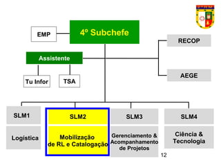 12
TSATu Infor
Logística Mobilização
de RL e Catalogação
Gerenciamento &
Acompanhamento
de Projetos
Ciência &
Tecnologia
4º Subchefe
Assistente
EMP
SLM1 SLM2 SLM3 SLM4
RECOP
AEGE
 