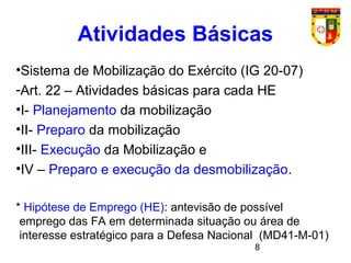 8
Atividades Básicas
•Sistema de Mobilização do Exército (IG 20-07)
-Art. 22 – Atividades básicas para cada HE
•I- Planejamento da mobilização
•II- Preparo da mobilização
•III- Execução da Mobilização e
•IV – Preparo e execução da desmobilização.
* Hipótese de Emprego (HE): antevisão de possível
emprego das FA em determinada situação ou área de
interesse estratégico para a Defesa Nacional (MD41-M-01)
 