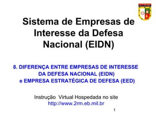 1
Sistema de Empresas de
Interesse da Defesa
Nacional (EIDN)
Instrução Virtual Hospedada no site
http://www.2rm.eb.mil.br
8. DIFERENÇA ENTRE EMPRESAS DE INTERESSE
DA DEFESA NACIONAL (EIDN)
e EMPRESA ESTRATÉGICA DE DEFESA (EED)
 