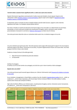 PRJDOC 2016-05-23
ED. 1.0 REV. 1
Page 107 / 116
© 2016 Eidos s.r.l. Via G. della Rossa, 15 60035 Jesi (AN) - PIVA 01463880425 http://www.gruppoeidos.it
I termini visita e sessione hanno significati simili e a volte sono usati come sinonimi.
Queste informazioni riguardano esclusivamente il codice Javascript Analytics classico (ga.js). Scopri se stai
utilizzando il codice Analytics classico o Universal Analytics oppure scopri come eseguire l'upgrade dal codice
Analytics classico a Universal Analytics.
È importante capire il concetto di visita in Google Analytics perché molte funzioni, rapporti e altre metriche
dipendono dal modo in cui Analytics calcola questa metrica.
Per visita si intende un insieme di interazioni che hanno luogo sul tuo sito web in un determinato arco di tempo.
Ad esempio, un'unica visita può includere più visualizzazioni di pagina, eventi, interazioni social, variabili
personalizzate e transazioni e-commerce. (Ulteriori informazioni sui diversi tipi di richiesta.
Una visita può essere descritta come un contenitore delle azioni che un visitatore esegue sul tuo sito.
Un unico visitatore può aprire più visite. Tali visite possono avere luogo nello stesso giorno oppure nel corso di giorni,
settimane oppure mesi diversi. Al termine di una visita, c'è quindi l'opportunità di iniziare una nuova visita. Una visita
giunge al termine in base a due metodi:
Scadenza a tempo (inclusa la fine della giornata):
• Dopo 30 minuti di inattività da parte del visitatore
• A mezzanotte
Cambio di campagna:
Si verifica se arrivi al sito tramite una campagna, esci dal sito e poi vi ritorni tramite un'altra campagna.
Quanto dura una visita?
Una visita può durare pochi secondi oppure diverse ore. Ulteriori informazioni sulla frequenza di rimbalzo e la durata
di una visita
Se un visitatore, immaginiamo si chiami Mario, accede al tuo sito, Analytics imposta diversi cookie, tra cui __utmb .La
scadenza di __utmb è stata impostata su 30 minuti dopo l'ultima richiesta di Mario. Una volta scaduto il cookie,
questo viene rimosso dal computer di Mario.
Ogni volta che Mario effettua una richiesta (ad es. visualizzazione di pagina, evento, interazione social, transazione),
la scadenza di __utmb viene reimpostata su 30 minuti.
Se __utmb non esiste su un computer di Mario, Analytics imposta il cookie e avvia una nuova visita.
Esempio:
Supponiamo che Mario interagisca con il tuo sito web con la seguente frequenza:
 