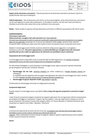 PRJDOC 2016-05-23
ED. 1.0 REV. 1
Page 12 / 116
© 2016 Eidos s.r.l. Via G. della Rossa, 15 60035 Jesi (AN) - PIVA 01463880425 http://www.gruppoeidos.it
Explore all the dimensions and metrics – Click the plus box to see dimensions and metrics by feature. Search to
quickly find the name you're looking for.
Valid Combinations – Not all dimensions and metrics can be queried together. Only certain dimensions and metrics
can be used together to create valid combinations. In the table of contents, roll over each name and select its
checkbox to see all the other values that can be combined in the same query.
Modes – Switch modes to organize and view dimensions and metrics in different ways based on API and UI names.
COMPORTAMENTO
Informazioni sugli eventi
Utilizza Eventi per raccogliere dati sulle interazioni con i tuoi contenuti.
Gli eventi sono interazioni tra utenti e contenuti monitorabili indipendentemente dal caricamento di una pagina
web o di una schermata. Download, clic su annunci per dispositivi mobili, gadget, elementi Flash, elementi
incorporati AJAX e riproduzioni video sono tutti esempi di azioni che possono essere monitorate come eventi.
Sebbene il monitoraggio eventi richieda una breve attività di configurazione aggiuntiva, ti consigliamo
vivamente di utilizzarlo. Gli eventi rappresentano un sistema flessibile per raccogliere dati sulle interazioni
specifiche del tuo sito o della tua applicazione che altrimenti non potrebbero essere monitorate.
Impostazione del monitoraggio eventi
Il monitoraggio eventi è disponibile sia per le proprietà web che delle applicazioni, ma richiede un'ulteriore
impostazione tecnica che deve essere eseguita da uno sviluppatore qualificato.
Per informazioni dettagliate su come impostare il monitoraggio eventi, segui le istruzioni riportate nella Guida
per gli sviluppatori specifica per l'ambiente utilizzato:
• Monitoraggio del sito web: Universal Analytics (se utilizzi analytics.js) o Google Analytics classico (se
utilizziga.js)
Le modifiche che devi apportare alle tue pagine web dipendono dal codice di monitoraggio che utilizzi. Verifica
se utilizzi Analytics versione classica (ga.js) o Universal Analytics (analytics.js).
• Monitoraggio di app per dispositivi mobili: app Android o app iOS.
Un'alternativa al monitoraggio eventi (per le configurazioni avanzate)
Componenti degli eventi
Quando imposti il monitoraggio eventi, puoi definire fino a cinque dei seguenti componenti e associarli ai singoli
eventi.
I valori di questi componenti vengono visualizzati nei rapporti sugli eventi. Più sei organizzato nella loro impostazione,
più semplice sarà leggere e interpretare i rapporti. Nei tuoi rapporti, i titoli dei singoli eventi si basano sui nomi di
questi componenti. Ad esempio l'evento nella categoria Video, con l'azione Riproduci e l'etichetta Divertente viene
visualizzato nei rapporti come Video + Riproduci + Divertente.
Categoria
Le divisioni principali dei tipi di eventi che hai sul tuo sito. Le categorie sono alla base del monitoraggio eventi e
dovrebbero essere il primo sistema utilizzato per ordinare gli eventi nel
rapporto. Video e download sono buoni esempi di categorie, sebbene il grado di specificità possa essere stabilito
in base a quanto richiesto dai contenuti.
Azione
 