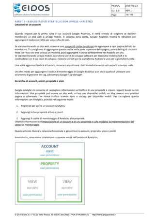 PRJDOC 2016-05-23
ED. 1.0 REV. 1
Page 14 / 116
© 2016 Eidos s.r.l. Via G. della Rossa, 15 60035 Jesi (AN) - PIVA 01463880425 http://www.gruppoeidos.it
PARTE 3 – RACCOLTA DATI STRATEGICI CON GOOGLE ANALYTICS
Creazione di un account
Quando imposti per la prima volta il tuo account Google Analytics, ti verrà chiesto di scegliere se desideri
monitorare un sito web o un'app mobile. A seconda della scelta, Google Analytics mostra le istruzioni per
aggiungere il codice corretto per la raccolta dei dati.
Se stai monitorando un sito web, riceverai uno snippet di codice JavaScript da aggiungere a ogni pagina del sito da
monitorare. Ti consigliamo di aggiungere questo codice nella parte superiore della pagina, prima del tag di chiusura
head. Se il tuo sito web utilizza un modello, puoi aggiungere il codice direttamente nel modello del sito.
Se stai monitorando un'app mobile, scaricherai un kit di sviluppo software per dispositivi mobili o SDK e lo
condividerai con il tuo team di sviluppo. Esistono un SDK per la piattaforma Android e uno per la piattaforma iOS.
Una volta aggiunto il codice al tuo sito, inizierai a visualizzare i dati immediatamente nei rapporti in tempo reale.
Un altro modo per aggiungere il codice di monitoraggio di Google Analytics a un sito è quello di utilizzare uno
strumento di gestione dei tag, ad esempio Google Tag Manager.
Gerarchia di account, utenti, proprietà e viste
Google Analytics ti consente di raccogliere informazioni sul traffico di una proprietà e creare rapporti basati su tali
informazioni. Una proprietà può essere un sito web, un'app per dispositivi mobili, un blog ovvero una qualsiasi
pagina o schermata che riceva traffico tramite Web o un'app per dispositivi mobili. Per raccogliere queste
informazioni con Analytics, procedi nel seguente modo:
1. Registrati per aprire un account Analytics.
2. Aggiungi la tua proprietà al tuo account.
3. Aggiungi il codice di monitoraggio di Analytics alla proprietà.
Ulteriori informazioni sull'impostazione di un account e di una proprietà e sulla modalità di implementazione del
codice di monitoraggio.
Questo articolo illustra la relazione funzionale e gerarchica tra account, proprietà, viste e utenti.
Innanzitutto, osserviamo la relazione tra queste entità nell'ambito di Analytics.
 