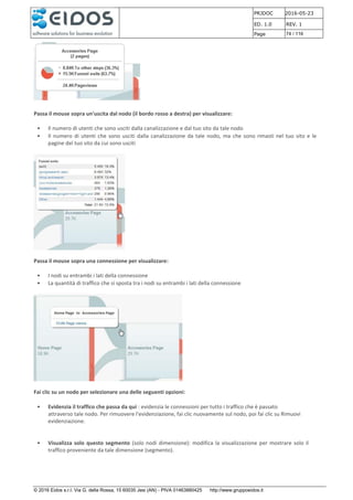 PRJDOC 2016-05-23
ED. 1.0 REV. 1
Page 74 / 116
© 2016 Eidos s.r.l. Via G. della Rossa, 15 60035 Jesi (AN) - PIVA 01463880425 http://www.gruppoeidos.it
Passa il mouse sopra un'uscita dal nodo (il bordo rosso a destra) per visualizzare:
• Il numero di utenti che sono usciti dalla canalizzazione e dal tuo sito da tale nodo
• Il numero di utenti che sono usciti dalla canalizzazione da tale nodo, ma che sono rimasti nel tuo sito e le
pagine del tuo sito da cui sono usciti
Passa il mouse sopra una connessione per visualizzare:
• I nodi su entrambi i lati della connessione
• La quantità di traffico che si sposta tra i nodi su entrambi i lati della connessione
Fai clic su un nodo per selezionare una delle seguenti opzioni:
• Evidenzia il traffico che passa da qui : evidenzia le connessioni per tutto i traffico che è passato
attraverso tale nodo. Per rimuovere l'evidenziazione, fai clic nuovamente sul nodo, poi fai clic su Rimuovi
evidenziazione.
• Visualizza solo questo segmento (solo nodi dimensione): modifica la visualizzazione per mostrare solo il
traffico proveniente da tale dimensione (segmento).
 