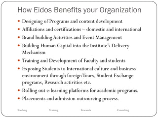How Eidos Benefits your Organization
 Designing of Programs and content development
 Affiliations and certifications – domestic and international
 Brand building Activities and Event Management
 Building Human Capital into the Institute’s Delivery
    Mechanism
   Training and Development of Faculty and students
   Exposing Students to International culture and business
    environment through foreign Tours, Student Exchange
    programs, Research activities etc.
   Rolling out e-learning platforms for academic programs.
   Placements and admission outsourcing process.
Teaching        Training       Research          Consulting
 