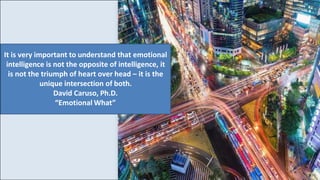 It is very important to understand that emotional
intelligence is not the opposite of intelligence, it
is not the triumph of heart over head – it is the
unique intersection of both.
David Caruso, Ph.D.
“Emotional What”
9
 