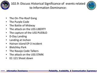 102.9: Discuss Historical Significance of  events related to Information Dominance: The On-The-Roof Gang The Purple Code The Battle of Midway The attack on the USS LIBERTY The capture of the USS PUEBLO D-Day Landing Landing at Inchon Hainan Island EP-3 incident Bletchley Park The Navajo Code Talkers The attack on the USS STARK EC-121 Shoot down 