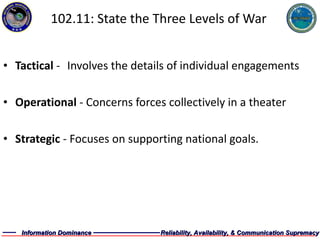 102.11: State the Three Levels of War Tactical  - Involves the details of individual engagements Operational  - Concerns forces collectively in a theater Strategic  - Focuses on supporting national goals. 