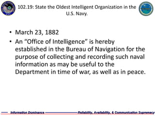 102.19: State the Oldest Intelligent Organization in the U.S. Navy. March 23, 1882 An “Office of Intelligence” is hereby established in the Bureau of Navigation for the purpose of collecting and recording such naval information as may be useful to the Department in time of war, as well as in peace.   