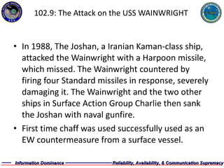 102.9: The Attack on the USS WAINWRIGHT In 1988, The Joshan, a Iranian Kaman-class ship, attacked the Wainwright with a Harpoon missile, which missed. The Wainwright countered by firing four Standard missiles in response, severely damaging it. The Wainwright and the two other ships in Surface Action Group Charlie then sank the Joshan with naval gunfire. First time chaff was used successfully used as an EW countermeasure from a surface vessel. 