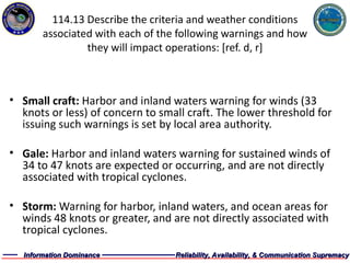 114.13 Describe the criteria and weather conditions associated with each of the following warnings and how they will impact operations: [ref. d, r] Small craft:  Harbor and inland waters warning for winds (33 knots or less) of concern to small craft. The lower threshold for issuing such warnings is set by local area authority.  Gale:  Harbor and inland waters warning for sustained winds of 34 to 47 knots are expected or occurring, and are not directly associated with tropical cyclones.  Storm:  Warning for harbor, inland waters, and ocean areas for winds 48 knots or greater, and are not directly associated with tropical cyclones.  