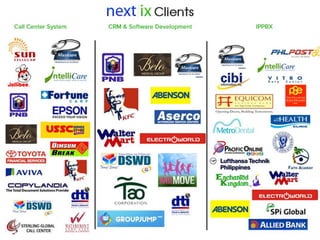 Next|IX ClientsCall Center System
CRM & Software Development
IPPBX
IP (Internet Protocol)
PBX (Private Branch Exchange)
 