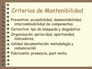 Criterios de Mantenibilidad
Preventivo: accesibilidad, desmontabilidad,
intercambiabilidad de componentes.
Correctivo: tpo de búsqueda y diagnóstico
Organización: periocidad, oportunidad,
indicadores,
Calidad documentación: metodología y
comunicación
Fabricante: presencia, post venta,

115

 