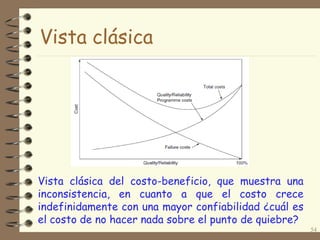 Vista clásica

Vista clásica del costo-beneficio, que muestra una
inconsistencia, en cuanto a que el costo crece
indefinidamente con una mayor confiabilidad ¿cuál es
el costo de no hacer nada sobre el punto de quiebre?
54

 