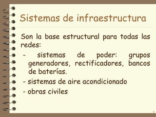 Sistemas de infraestructura
Son la base estructural para todas las
redes:
sistemas
de
poder:
grupos
generadores, rectificadores, bancos
de baterías.
- sistemas de aire acondicionado
- obras civiles
9

 