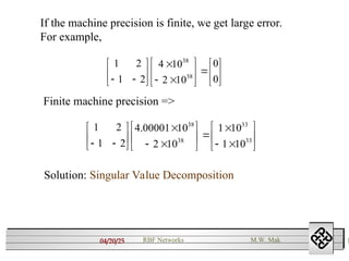 04/20/25 1
RBF Networks M.W. Mak
If the machine precision is finite, we get large error.
For example,























 0
0
10
2
10
4
2
1
2
1
38
38
Finite machine precision =>


























 33
33
38
38
10
1
10
1
10
2
10
00001
.
4
2
1
2
1
Solution: Singular Value Decomposition
 