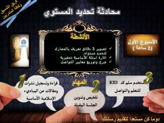 ‫األول‬ ‫األسبوع‬
( 2‫اعة‬‫س‬ )‫ر‬‫ي‬‫و‬‫ص‬‫ت‬3‫ك‬‫ر‬‫ا‬‫ش‬‫م‬‫ل‬‫ا‬‫ب‬ ‫ف‬‫ي‬‫ر‬‫ع‬‫ت‬ ‫ق‬‫ئ‬‫ا‬‫ق‬‫د‬
‫ه‬‫ا‬‫و‬‫ت‬‫س‬‫م‬ ‫د‬‫ي‬‫د‬‫ح‬‫ت‬‫ل‬.
‫ة‬‫ي‬‫ز‬‫ي‬‫ف‬‫ح‬‫ت‬ ‫ة‬‫ي‬‫س‬‫ا‬‫س‬‫أل‬‫ا‬ ‫ة‬‫ل‬‫ئ‬‫س‬‫ا‬ ‫ة‬‫ر‬‫ا‬‫ث‬‫ا‬
‫ل‬‫ص‬‫ا‬‫و‬‫ت‬‫ل‬‫ا‬ ‫ر‬‫ي‬‫ي‬‫ا‬‫ع‬‫م‬ ‫ع‬‫ي‬‫ز‬‫و‬‫ت‬‫و‬ ‫ح‬‫ر‬‫ش‬
‫األنشطة‬
‫أت‬‫ر‬‫نش‬‫وتسجيل‬‫أءة‬‫ر‬‫ق‬
‫ألمباديء‬‫عن‬ ‫ومقاالت‬
‫ساسية‬‫أال‬ ‫سالمية‬‫أال‬
‫المهام‬
‫وتدوين‬‫تلخيص‬
‫ألمقبلة‬‫ألجلسة‬
‫كد‬‫سلم‬ ‫أستخدم‬KID
‫وألتوأصل‬ ‫للتعلم‬
‫محادثة‬‫المستوي‬ ‫تحديد‬
‫رسائلك‬ ‫لتقديم‬ ‫مستعدا‬ ‫كن‬ ‫دوما‬
 