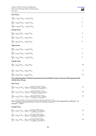 Advances in Physics Theories and Applications                                                                                         www.iiste.org
ISSN 2224-719X (Paper) ISSN 2225-0638 (Online)
Vol 6, 2012

First Term

        (    )(       )
                              (        )(       )                                                                                             1

        (    )(   )
                          (           )(        )                                                                                             2

        (    )(       )
                              (        )(       )                                                                                             3

Second Term

       (    )(    )
                          (           )(    )                                                                                                 4

       (    )(    )
                          (           )(    )                                                                                                 5

       (    )(    )
                          (           )(    )                                                                                                 6

Third Term

        (    )(   )
                          (           )(        )                                                                                             7

        (    )(   )
                          (           )(        )                                                                                             8

        (    )(   )
                          (           )(        )                                                                                             9

Fourth Term

       (    )(    )
                          (           )(    )                                                                                                 10


       (    )(    )
                          (           )(    )                                                                                                 11

       (    )(    )
                          (           )(    )                                                                                                 12

Governing Equations Of Dual Concatenated Systems Holistic System: Einstein Field Equation With
All The Four Terms:

First Term

        (    )(   )
                          [(           )(           )
                                                        (       )( ) (         ) ]                                                            13


        (    )(   )
                          [(           )(           )
                                                        (       )( ) (         ) ]                                                            14


        (    )(   )
                          [(           )(           )
                                                        (       )( ) (         ) ]                                                            15


Where ( )( ) (                    )             (           )( ) (       )         (   )( ) (   ) are first augmentation coefficients for
category 1, 2 and 3

Second Term

       (    )(    )
                          [(           )(       )
                                                        (      )( ) (        ) ]                                                              16


       (    )(    )
                          [(           )(       )
                                                        (      )( ) (        ) ]                                                              17


       (    )(    )
                          [(           )(       )
                                                        (      )( ) (        ) ]                                                              18



                                                                                        63
 