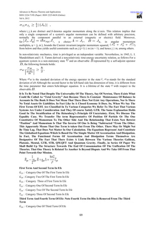 Advances in Physics Theories and Applications                                                           www.iiste.org
ISSN 2224-719X (Paper) ISSN 2225-0638 (Online)
Vol 6, 2012




where i, j, k are distinct and Ji denotes angular momentum along the xi axis. This relation implies that
only a single component of a system's angular momentum can be defined with arbitrary precision,
normally the component parallel to an external (magnetic or electric) field. Moreover,
for                              , a choice                                , in angular momentum
multiplets, ψ = |j, m 〉, bounds the Casimir invariant (angular momentum squared,                          )
from below and thus yields useful constraints such as j (j+1) ≥ m (m + 1), and hence j ≥ m, among others.

In non-relativistic mechanics, time is privileged as an independent variable. Nevertheless, in 1945, L. I.
Mandelshtam and I. E. Tamm derived a non-relativistic time-energy uncertainty relation, as follows For a
quantum system in a non-stationary state      and an observable    represented by a self-adjoint operator
   , the following formula holds:




Where        is the standard deviation of the energy operator in the state ,        stands for the standard
deviation of     Although the second factor in the left-hand side has dimension of time, it is different from
the time parameter that enters Schrö  dinger equation. It is a lifetime of the state with respect to the
observable .
It Is To Be Noted That Despite The Universality Of The Theory, Say Of Newton, There Exists What
Could Be Called As “Total Gravity” Just Because There Is Constant Maintenance Of Balance In
Accounts In The Bank It Does Not Mean That There Does Not Exist Any Operations, Nor Is There
No Total Assets Or Liabilities. In Fact Like In A Closed Economy It Does. So, When We Say The
First Terms Of EFE Are Classified In To Various Categories We Refer To The Fact That Various
Systems Are Under Consideration And They Of course Satisfy GTR. The Same Explanation Holds
Good In The Stratification of The Heisenberg’s Principle Of Uncertainty. First, We Discuss The
Equality Case. We Transfer The term Representative Of Position Of Particle Or The One
Constitutive Of Momentum To The Other Side And The Relationship That Exists Now Betwixt
“Position” And Momentum Is That The Inverse Of One Is Being “Subtracted “From The Other.
This Apparently Means That One Term is taken Out From The Other. There May Or Might Not
Be Time Lag. That Does Not Matter In Our Calculation. The Equations Represent And Constitute
The Globalised Equations Which Is Based On The Simple Matter Of Accentuation And Dissipation.
In Fact, The Functional Forms Of Accentuation And Dissipation Terms Themselves Are
Designative Of The Fact That There Exists A Link Between The Various Theories Galilean,
Platonic, Mental, GTR, STR, QM.QFT And Quantum Gravity. Finally, in Series Of Paper We
Shall Build Up The Structure Towards The End Of Consummation Of The Unification Of The
Theories. That One Theory Is Related To Another Is Beyond Dispute And We Take Off From That
Point Towards Our Mission.




First Term And Second Term In Efe
    : Category One Of The First Term In Efe
    : Category Two Of The First Term In Efe
    : Category Three of First Term In Efe
    : Category One Of Second Term In Efe
    : Category Two Of The Second Term In Efe
    : Category Three Of Second Term In Efe
Third Term And Fourth Term Of Efe: Note Fourth Term On Rhs Is Removed From The Third
Term
    : Category One Of Third Term Of Efe


                                                        69
 