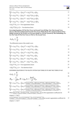 Advances in Physics Theories and Applications                                                                                                               www.iiste.org
ISSN 2224-719X (Paper) ISSN 2225-0638 (Online)
Vol 6, 2012


           (       )(       )
                                          [(           )(       )
                                                                    (        )( ) (           )]                                                                     11

           (       )(       )
                                      [(           )(       )
                                                                    (       )( ) ((       ) )]                                                                       12

           (       )(       )
                                      [(           )(       )
                                                                    (       )( ) ((       ) )]                                                                       13

           (       )(       )
                                      [(           )(       )
                                                                    (       )( ) ((       ) )]                                                                       14

  (       )( ) (                )     First augmentation factor                                                                                                      15

  (       )( ) ((               ) )            First detritions factor                                                                                               16

Governing Equations: Of The First Term And Second Term Of Hup: Note That Second Term
(Inverse Thereof) Is Subtracted From The First Term, Which Means The Amount Is Removed For
Infinite Systems In The World. Law Of course Holds For All The Systems By This Methodology We
Get The Value Of The First Term As Well As The Second Term




The differential system of this model is now

           (       )(       )
                                          [(           )(       )
                                                                    (        )( ) (           )]                                                                     17

           (       )(       )
                                          [(           )(       )
                                                                    (        )( ) (           )]                                                                     18

           (       )(       )
                                          [(           )(       )
                                                                    (        )( ) (           )]                                                                     19

           (       )(       )
                                      [(           )(       )
                                                                    (       )( ) (            )]                                                                     20

           (       )(       )
                                      [(           )(       )
                                                                    (       )( ) (            )]                                                                     21

           (       )(       )
                                      [(           )(       )
                                                                    (       )( ) (            )]                                                                     22

  (       )( ) (                )     First augmentation factor                                                                                                      23

  (       )( ) (                )         First detritions factor                                                                                                    24

GOVERNING EQUATIONS OF THE HOLISTIC SYSTEM FOUR TERMS OF EFE AND TWO TERMS OF HUP:

                                                                                                                                                                     25

                                                                                                                                                                     26




           (       )(       )
                                          [(           )(       )
                                                                    (       )( ) (            )     (       )(     )
                                                                                                                       (    )    (   )(   )
                                                                                                                                              (   ) ]                27

           (       )(       )
                                          [(           )(       )
                                                                    (       )( ) (            )     (       )(     )
                                                                                                                       (    )    (   )(   )
                                                                                                                                              (   ) ]                28

           (       )(       )
                                          [(           )(       )
                                                                    (       )( ) (            )     (       )(     )
                                                                                                                       (    )    (   )(   )
                                                                                                                                              (   ) ]                29

Where (             )( ) (                )        (            )( ) (         )      (       )( ) (            ) are first augmentation coefficients for            30

category 1, 2 and 3

      (    )(       )
                        (           ) ,        (            )(      )
                                                                        (       ) ,       (        )(   )
                                                                                                            (          ) are second augmentation coefficient for     31

category 1, 2 and 3


                                                                                                        71
 