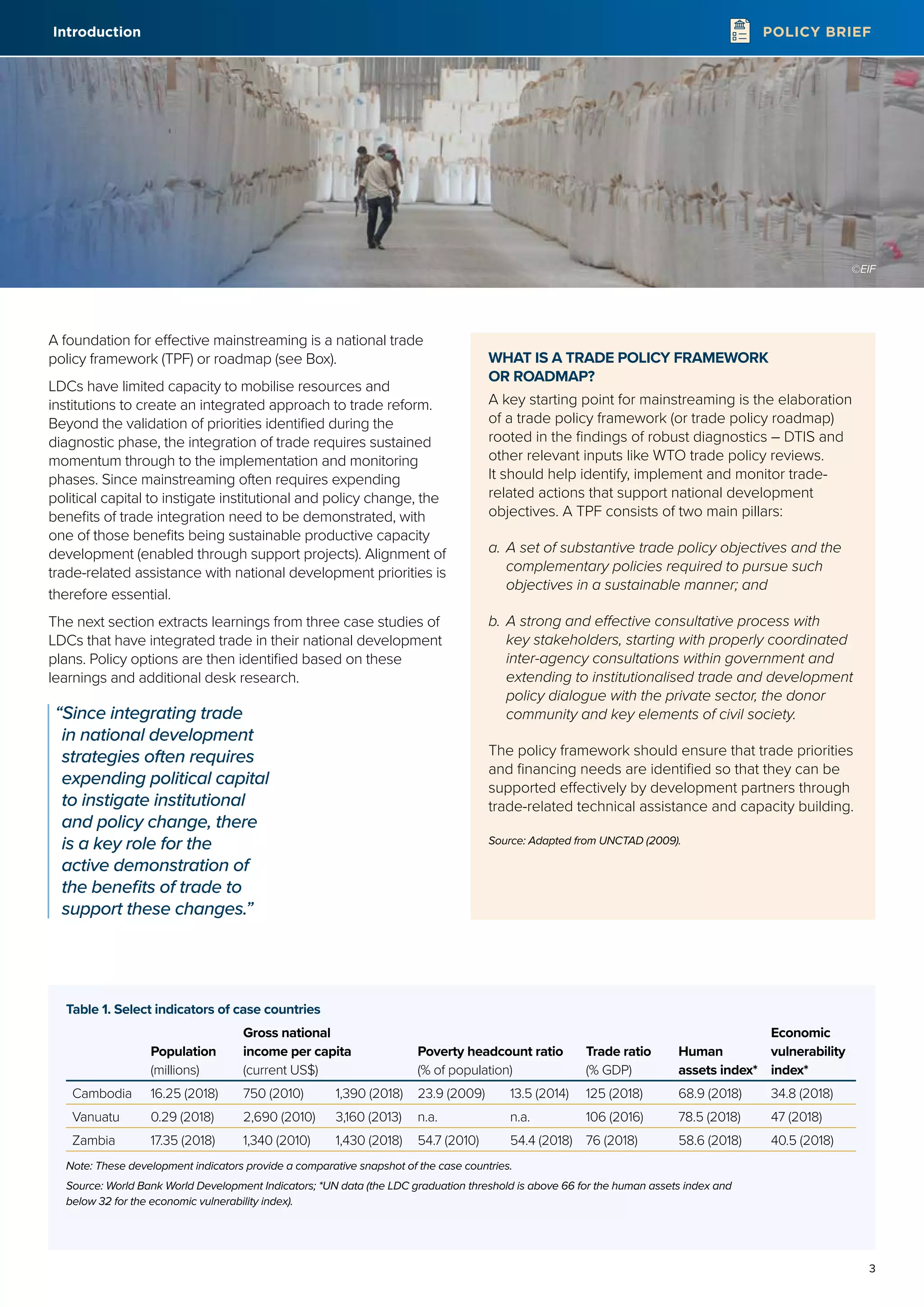 3
POLICY BRIEF
A foundation for effective mainstreaming is a national trade
policy framework (TPF) or roadmap (see Box).
LDCs have limited capacity to mobilise resources and
institutions to create an integrated approach to trade reform.
Beyond the validation of priorities identified during the
diagnostic phase, the integration of trade requires sustained
momentum through to the implementation and monitoring
phases. Since mainstreaming often requires expending
political capital to instigate institutional and policy change, the
benefits of trade integration need to be demonstrated, with
one of those benefits being sustainable productive capacity
development (enabled through support projects). Alignment of
trade-related assistance with national development priorities is
therefore essential.
The next section extracts learnings from three case studies of
LDCs that have integrated trade in their national development
plans. Policy options are then identified based on these
learnings and additional desk research.
WHAT IS A TRADE POLICY FRAMEWORK
OR ROADMAP?
A key starting point for mainstreaming is the elaboration
of a trade policy framework (or trade policy roadmap)
rooted in the findings of robust diagnostics – DTIS and
other relevant inputs like WTO trade policy reviews.
It should help identify, implement and monitor trade-
related actions that support national development
objectives. A TPF consists of two main pillars:
a.	A set of substantive trade policy objectives and the
complementary policies required to pursue such
objectives in a sustainable manner; and
b.	A strong and effective consultative process with
key stakeholders, starting with properly coordinated
inter-agency consultations within government and
extending to institutionalised trade and development
policy dialogue with the private sector, the donor
community and key elements of civil society.
The policy framework should ensure that trade priorities
and financing needs are identified so that they can be
supported effectively by development partners through
trade-related technical assistance and capacity building.
Source: Adapted from UNCTAD (2009).
Table 1. Select indicators of case countries
Population
(millions)
Gross national
income per capita
(current US$)
Poverty headcount ratio
(% of population)
Trade ratio
(% GDP)
Human
assets index*
Economic
vulnerability
index*
Cambodia 16.25 (2018) 750 (2010) 1,390 (2018) 23.9 (2009) 13.5 (2014) 125 (2018) 68.9 (2018) 34.8 (2018)
Vanuatu 0.29 (2018) 2,690 (2010) 3,160 (2013) n.a. n.a. 106 (2016) 78.5 (2018) 47 (2018)
Zambia 17.35 (2018) 1,340 (2010) 1,430 (2018) 54.7 (2010) 54.4 (2018) 76 (2018) 58.6 (2018) 40.5 (2018)
Note: These development indicators provide a comparative snapshot of the case countries.
Source: World Bank World Development Indicators; *UN data (the LDC graduation threshold is above 66 for the human assets index and
below 32 for the economic vulnerability index).
Introduction
“Since integrating trade
in national development
strategies often requires
expending political capital
to instigate institutional
and policy change, there
is a key role for the
active demonstration of
the benefits of trade to
support these changes.”
©EIF
 