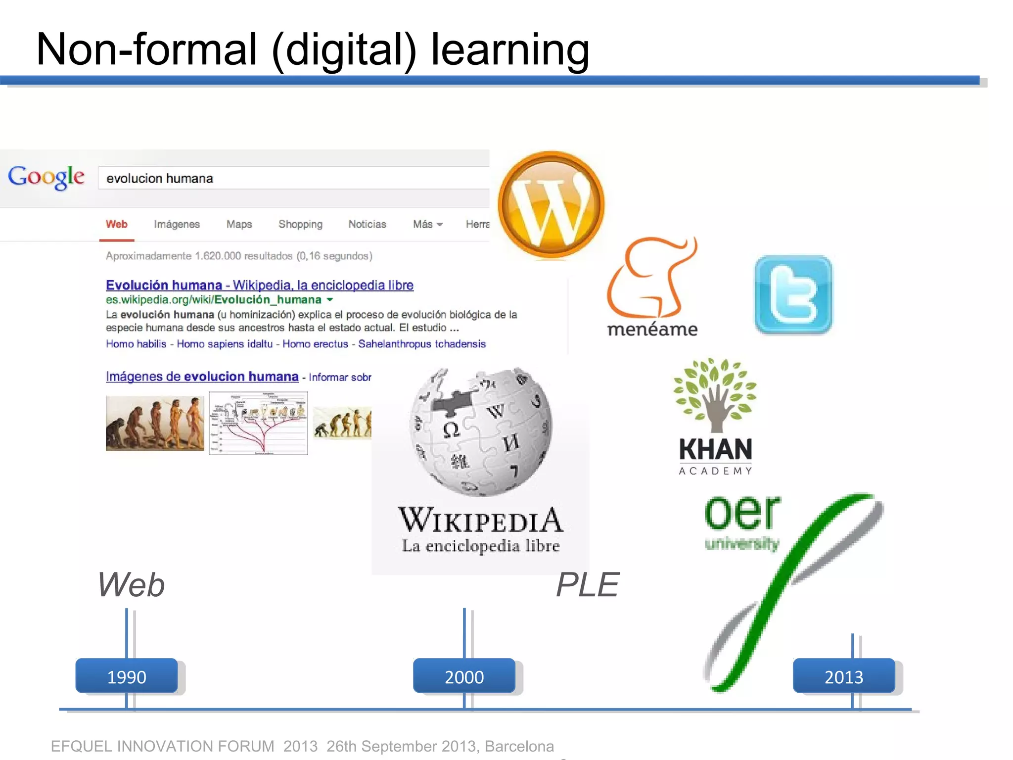 EFQUEL INNOVATION FORUM 2013 26th September 2013, Barcelona
Non-formal (digital) learning
2000200019901990 20132013
Web PLE
 