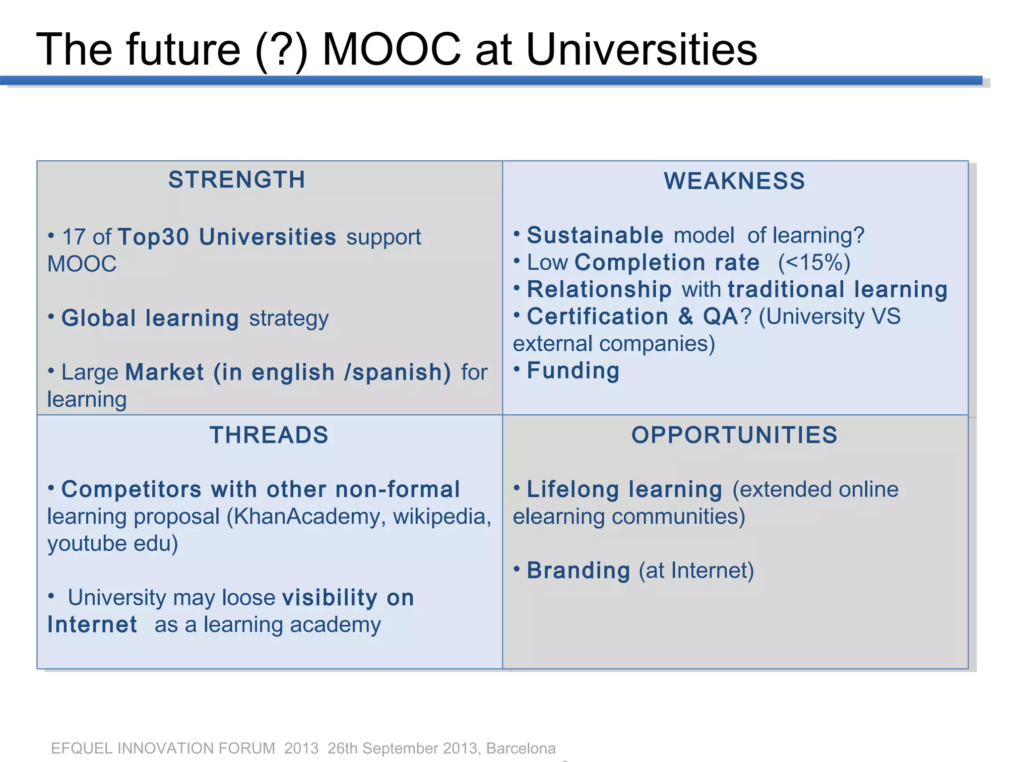 EFQUEL INNOVATION FORUM 2013 26th September 2013, Barcelona
STRENGTH
• 17 of Top30 Universities support
MOOC
• Global learning strategy
• Large Market (in english /spanish) for
learning
STRENGTH
• 17 of Top30 Universities support
MOOC
• Global learning strategy
• Large Market (in english /spanish) for
learning
WEAKNESS
• Sustainable model of learning?
• Low Completion rate (<15%)
• Relationship with traditional learning
• Certification & QA? (University VS
external companies)
• Funding
WEAKNESS
• Sustainable model of learning?
• Low Completion rate (<15%)
• Relationship with traditional learning
• Certification & QA? (University VS
external companies)
• Funding
THREADS
• Competitors with other non-formal
learning proposal (KhanAcademy, wikipedia,
youtube edu)
• University may loose visibility on
Internet as a learning academy
THREADS
• Competitors with other non-formal
learning proposal (KhanAcademy, wikipedia,
youtube edu)
• University may loose visibility on
Internet as a learning academy
OPPORTUNITIES
• Lifelong learning (extended online
elearning communities)
• Branding (at Internet)
OPPORTUNITIES
• Lifelong learning (extended online
elearning communities)
• Branding (at Internet)
The future (?) MOOC at Universities
 