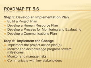 Roadmap pt. 7-8 Step 7:  Evaluate and Course CorrectMonitor desired outcomes Make course correctionsEvaluate impact to business, technology and human systemsCapture “lessons learned” for future effortsEstablish a process for continuous improvementStep 8: Celebrate and Integrate the New State Declare and celebrate completion of the implementation phaseAcknowledge and reward extra effort and achievementsShare “lessons learned” with key stakeholdersReinforce desired state in performance reviews, policies and procedures