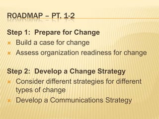 Roadmap – pt. 1-2Step 1:  Prepare for ChangeBuild a case for changeAssess organization readiness for changeStep 2:  Develop a Change StrategyConsider different strategies for different types of change Develop a Communications StrategyChange Strategies, Target, Tools