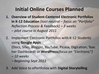 Initial Online Courses Planned<br />Overview of Student-Centered Electronic Portfolios in K-12 Education (tool-neutral – f...