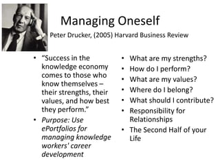 Managing Oneself
     Peter Drucker, (2005) Harvard Business Review


• “Success in the           • What are my strengths?
  knowledge economy         • How do I perform?
  comes to those who
                            • What are my values?
  know themselves –
  their strengths, their    • Where do I belong?
  values, and how best      • What should I contribute?
  they perform.”            • Responsibility for
• Purpose: Use                Relationships
  ePortfolios for           • The Second Half of your
  managing knowledge          Life
  workers' career
  development
 