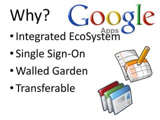 Why?
• Integrated EcoSystem
• Single Sign-On
• Walled Garden
• Transferable
 