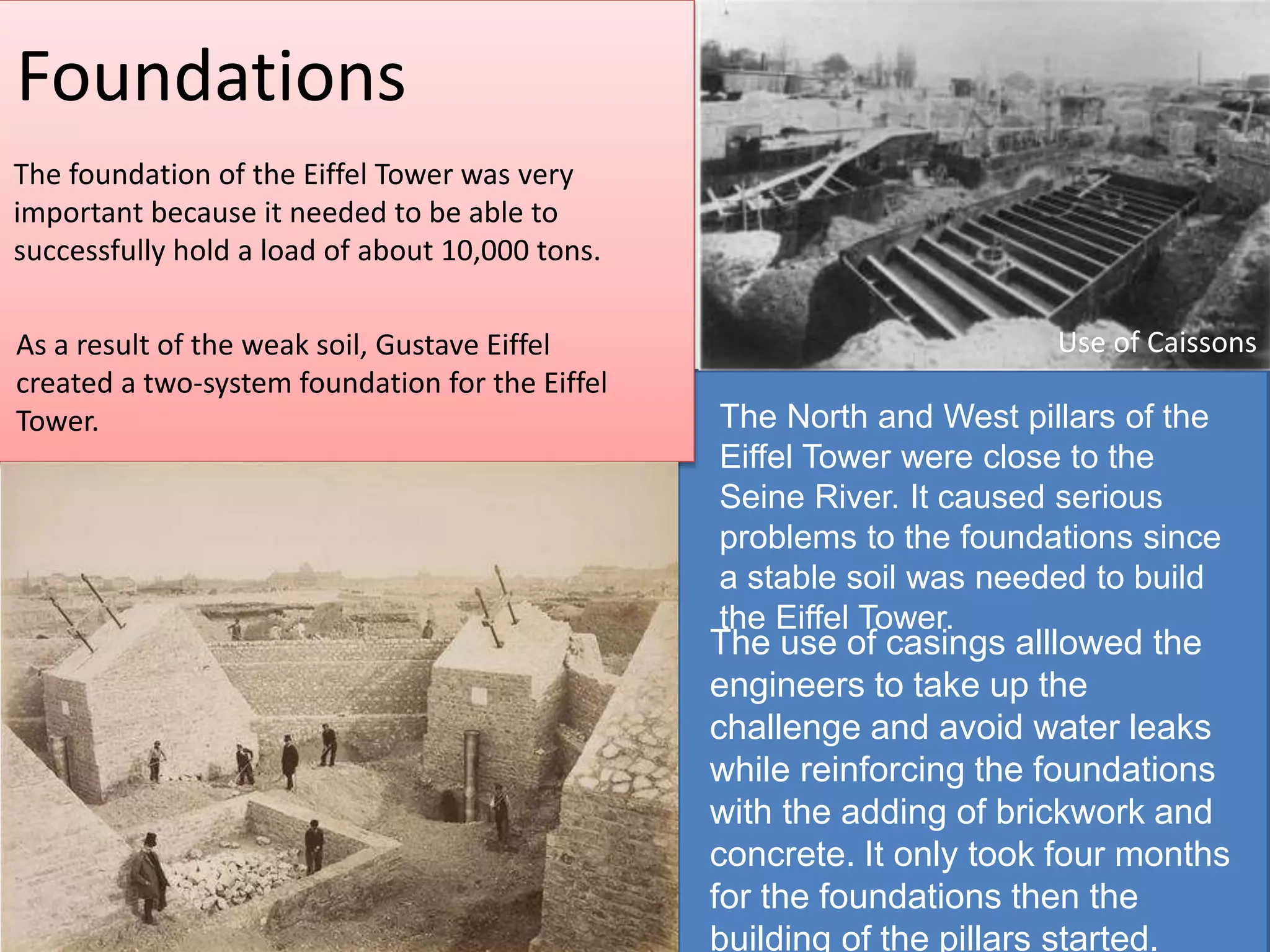 Foundations 
The foundation of the Eiffel Tower was very 
important because it needed to be able to 
successfully hold a load of about 10,000 tons. 
As a result of the weak soil, Gustave Eiffel 
created a two-system foundation for the Eiffel 
Tower. 
Use of Caissons 
The North and West pillars of the 
Eiffel Tower were close to the 
Seine River. It caused serious 
problems to the foundations since 
a stable soil was needed to build 
the Eiffel Tower. 
The use of casings alllowed the 
engineers to take up the 
challenge and avoid water leaks 
while reinforcing the foundations 
with the adding of brickwork and 
concrete. It only took four months 
for the foundations then the 
building of the pillars started. 
 