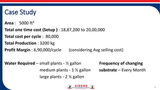 Case Study
Area : 5000 ft²
Total one time cost (Setup ) : 18,87,200 to 20,00,000
Total cost per cycle : 80,000
Total Production : 3200 kg
Profit Margin : 6,90,000/cycle (considering Avg selling cost)
Water Required – small plants - ½ gallon Frequency of changing
medium plants - 1 ½ gallon substrate – Every Month
large plants - 2 ½ gallon
14
 