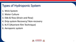 Types of Hydroponic System
1. Wick System
2. Water Culture
3. Ebb & flow (Drain and flow)
4. Drip system Recovery/ Non-recovery
5. N.F.T.(Nutrient film Technique)
6. Aeroponic system
5
 