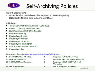 Self-Archiving Policies Research Organisations:  CERN – Requires researchers to deposit papers in the CERN repository CNRS (Centre National de la recherche scientifique) Institutions:  the University of Helsinki, Finland – June 2008 Harvard University – February 2008 Queensland University of Technology Bielefeld University University of Bremen University of Hamburg  Universidade do Minho University of Southampton Case Western Reserve University  University of Oslo Summary By Type ( http://www.eprints.org/signup/fulllist.php ):  4 DEPARTMENTAL Mandates 4 Proposed FUNDER Mandates 22 FUNDER Mandates 1 Proposed INSTITUTIONAL Mandates 18 INSTITUTIONAL Mandates 2 Proposed MULTI-INSTITUTIONAL  Mandates 44 TOTAL Mandates 7 TOTAL Proposed Mandates 