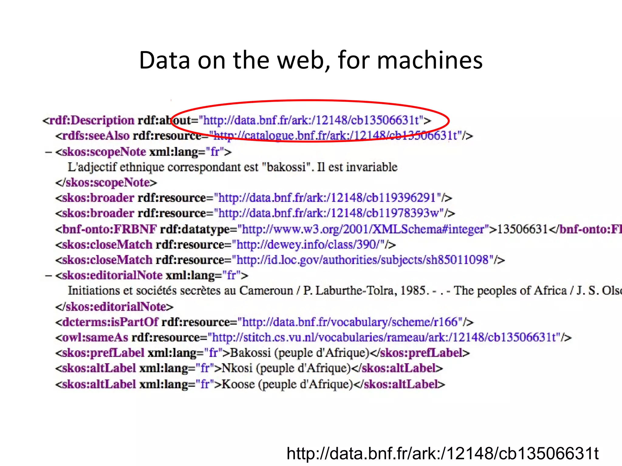 Data on the web, for machines 
http://data.bnf.fr/ark:/12148/cb13506631t 
 