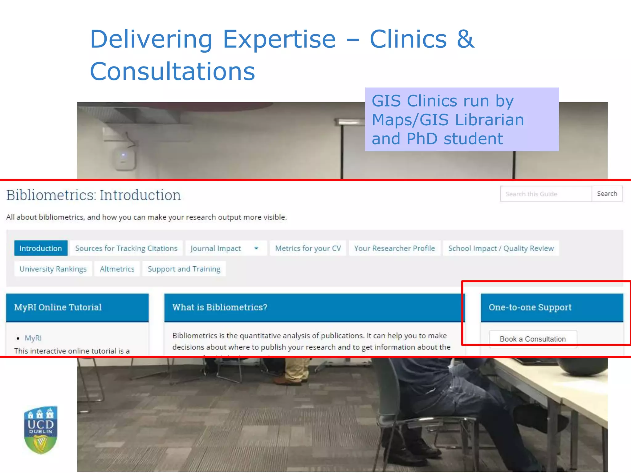 Delivering Expertise – Clinics &
Consultations
• Consultations
GIS Clinics run by
Maps/GIS Librarian
and PhD student
 