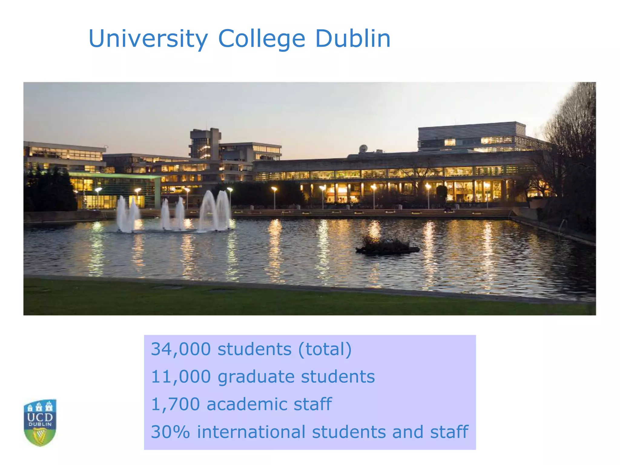 University College Dublin
34,000 students (total)
11,000 graduate students
1,700 academic staff
30% international students and staff
 