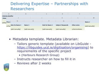 Delivering Expertise – Partnerships with
Researchers
• Metadata template. Metadata Librarian:
– Tailors generic template (available on LibGuide -
https://libguides.ucd.ie/digitisation/organising) to
requirements of the specific project
• (Harbours Research Group)
– Instructs researcher on how to fill it in
– Reviews after 2 weeks
 