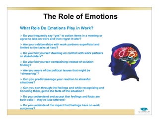 The Role of Emotions
What Role Do Emotions Play in Work?
 Do you frequently say “yes” to action items in a meeting or
agree to take on work and then regret it later?
 Are your relationships with work partners superficial and
limited to the tasks at hand?
 Do you find yourself dwelling on conflict with work partners
or stakeholders?
 Do you find yourself complaining instead of solution
finding?
 Are you aware of the political issues that might be
“simmering”?
 Can you predict/manage your reaction to stressful
situations?
 Can you sort through the feelings and while recognizing and
honoring them, get to the facts of the situation?
 Do you understand and accept that feelings and facts are
both valid -- they're just different?
 Do you understand the impact that feelings have on work
outcomes?
 