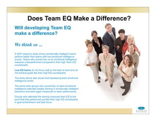 Does Team EQ Make a Difference?
Will developing Team EQ
make a difference?
We think so ...
A 2007 research study shows emotionally intelligent teams
perform better than teams with low emotional intelligence
scores. Teams who scored low on an emotional intelligence
measure underperformed compared to their high Team EQ
counterparts.
Low EQ teams do not focus well on the task at hand and do
not achieve goals like their high EQ counterparts.
The study above also shows that developing team emotional
intelligence works.
The same work groups who scored low on team emotional
intelligence attended weekly training in emotionally intelligent
behaviors and were again measured on team performance.
Groups who attended the training improved their EQ to the
point that they performed just like their high EQ counterparts
in goal achievement and task focus.
 