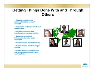 Getting Things Done With and Through
Others
 Develop collaborative
relationships that support
success
 Anticipate and avoid emotional
breakdowns
 Deal with difficult team
members and manage conflict
 Leverage emotional
information to make better
decisions
 Communicate more effectively
 Create a more positive project
culture
 Create a vision for objectives
that engage stakeholders and
work partners
 