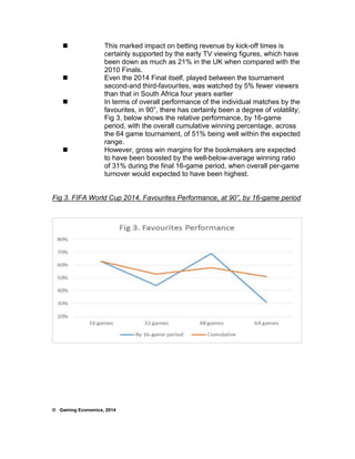  This marked impact on betting revenue by kick-off times is 
certainly supported by the early TV viewing figures, which have 
been down as much as 21% in the UK when compared with the 
2010 Finals. 
 Even the 2014 Final itself, played between the tournament 
second-and third-favourites, was watched by 5% fewer viewers 
than that in South Africa four years earlier 
 In terms of overall performance of the individual matches by the 
favourites, in 90”, there has certainly been a degree of volatility; 
Fig 3. below shows the relative performance, by 16-game 
period, with the overall cumulative winning percentage, across 
the 64 game tournament, of 51% being well within the expected 
range. 
 However, gross win margins for the bookmakers are expected 
to have been boosted by the well-below-average winning ratio 
of 31% during the final 16-game period, when overall per-game 
turnover would expected to have been highest. 
Fig 3. FIFA World Cup 2014, Favourites Performance, at 90”, by 16-game period 
© Gaming Economics, 2014 
 