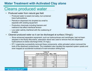 Water Treatment with Activated Clay aloneCleans produced waterProduced water from natural gas field