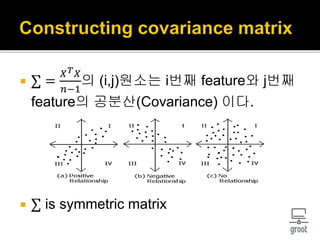 ∑ =
𝑋 𝑇 𝑋
𝑛−1
의 (i,j)원소는 i번째 feature와 j번째
feature의 공분산(Covariance) 이다.
 ∑ is symmetric matrix
 