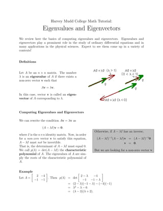 Harvey Mudd College Math Tutorial:

                 Eigenvalues and Eigenvectors
We review here the basics of computing eigenvalues and eigenvectors. Eigenvalues and
eigenvectors play a prominent role in the study of ordinary diﬀerential equations and in
many applications in the physical sciences. Expect to see them come up in a variety of
contexts!


Deﬁnitions


Let A be an n × n matrix. The number
λ is an eigenvalue of A if there exists a
non-zero vector v such that

                Av = λv.

In this case, vector v is called an eigen-
vector of A corresponding to λ.



Computing Eigenvalues and Eigenvectors

We can rewrite the condition Av = λv as

                (A − λI)v = 0.
                                                     Otherwise, if A − λI has an inverse,
where I is the n×n identity matrix. Now, in order
for a non-zero vector v to satisfy this equation,      (A − λI)−1 (A − λI)v = (A − λI)−1 0
A − λI must not be invertible.                                            v = 0.
That is, the determinant of A − λI must equal 0.
We call p(λ) = det(A − λI) the characteristic        But we are looking for a non-zero vector v.
polynomial of A. The eigenvalues of A are sim-
ply the roots of the characteristic polynomial of
A.


Example
           2 −4                              2−λ       −4
Let A =         . Then p(λ) =          det
          −1 −1                               −1 −1 − λ
                            =          (2 − λ)(−1 − λ) − (−4)(−1)
                            =          λ2 − λ − 6
                            =          (λ − 3)(λ + 2).
 
